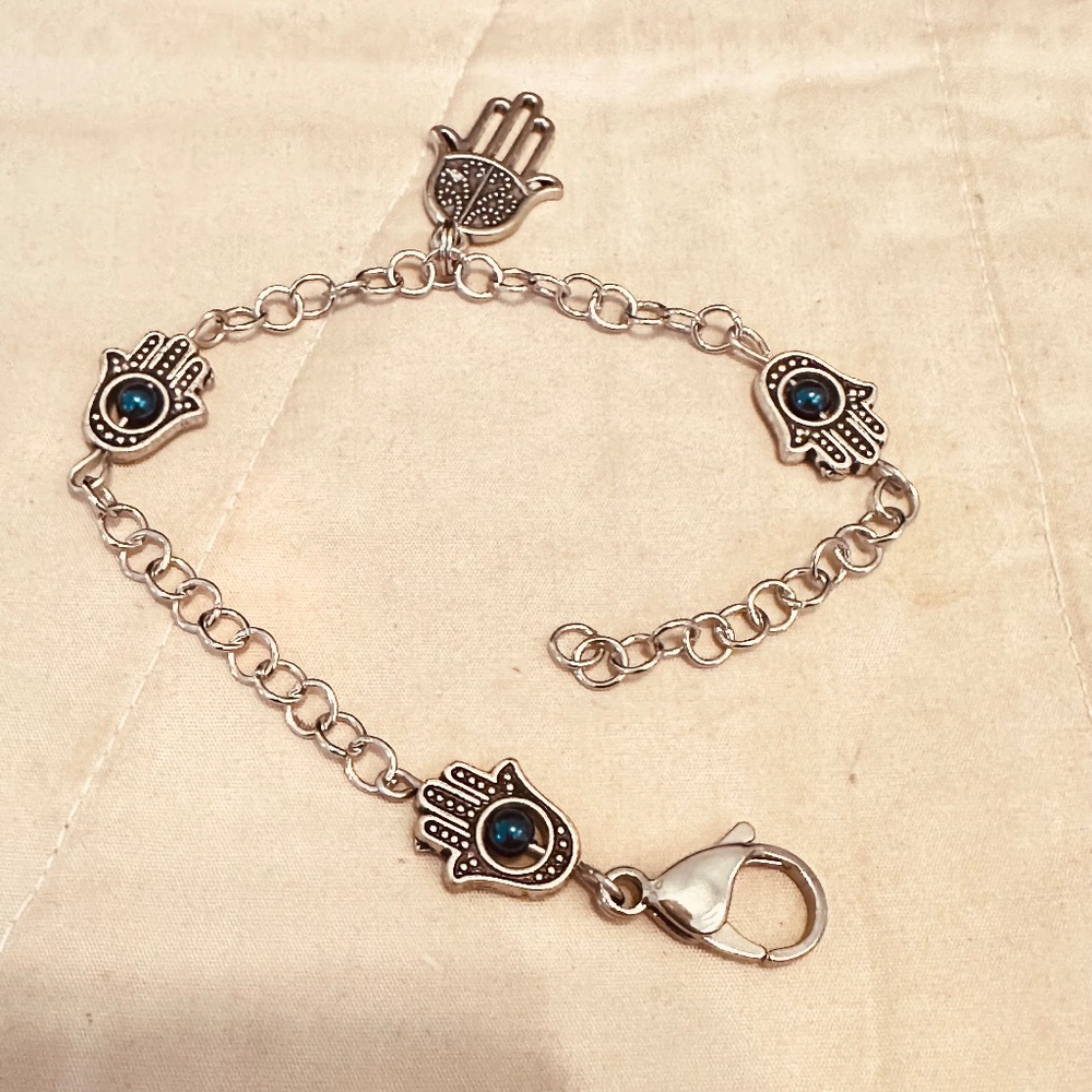 Hamsa Hand Charm Bracelet Stainless Steel Adj 8.5” Protection Evil Eye Style